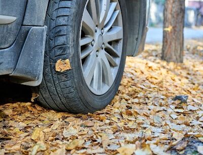 Car wheel on the ground covered with fallen autumn leaves